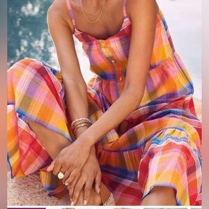 New Evereve dRA LA Womens S Sofia Plaid Tiered Sleeveless Midi Sun Dress Boho